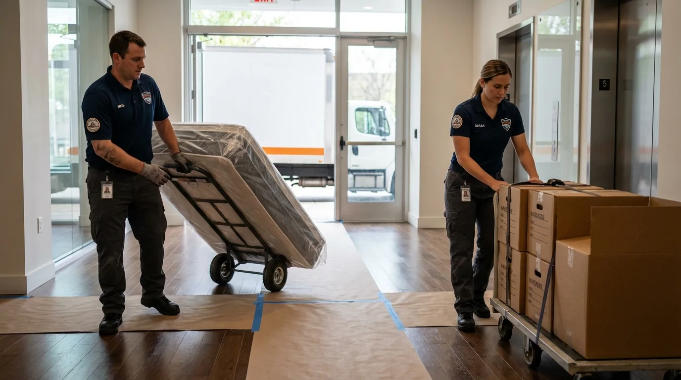 Professional apartment movers loading elevator in Hickman, KY